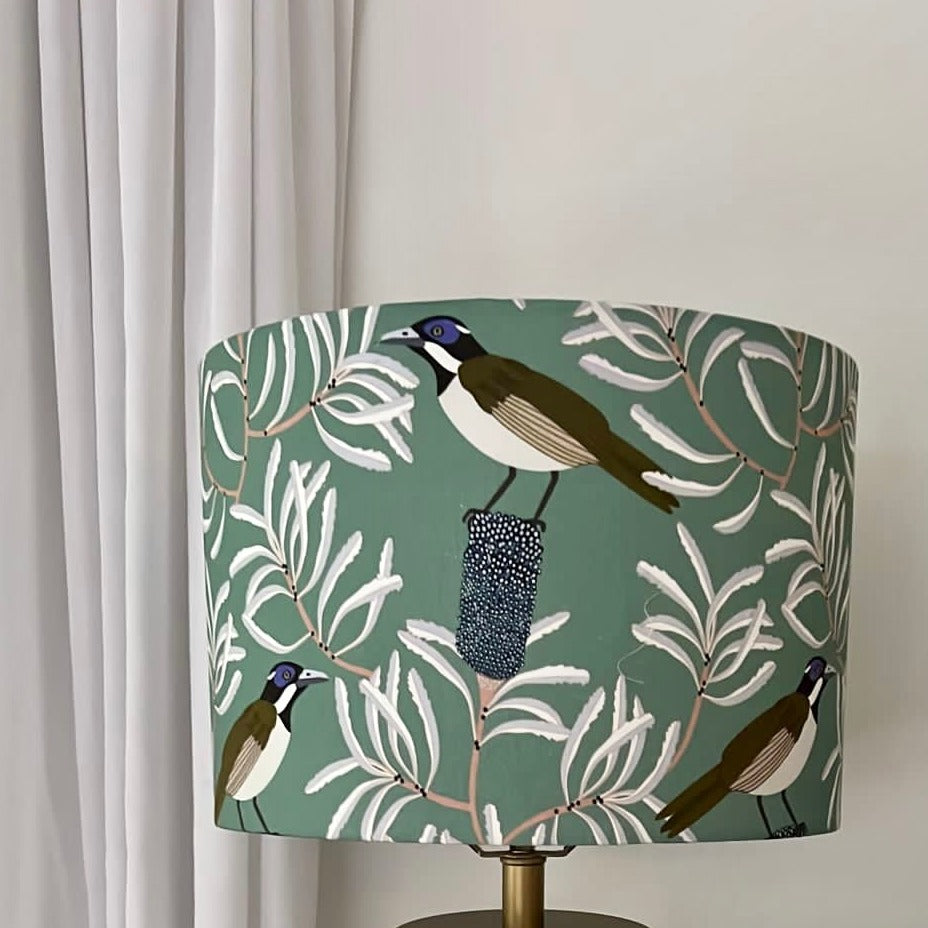 Handmade fabric lampshade Singapore with bird design.