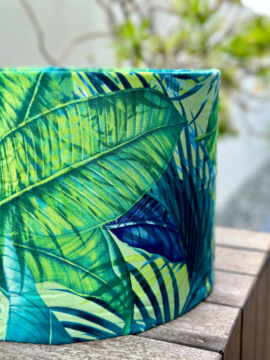 Handmade custom blue and green tropical fern leaf drum lampshade
