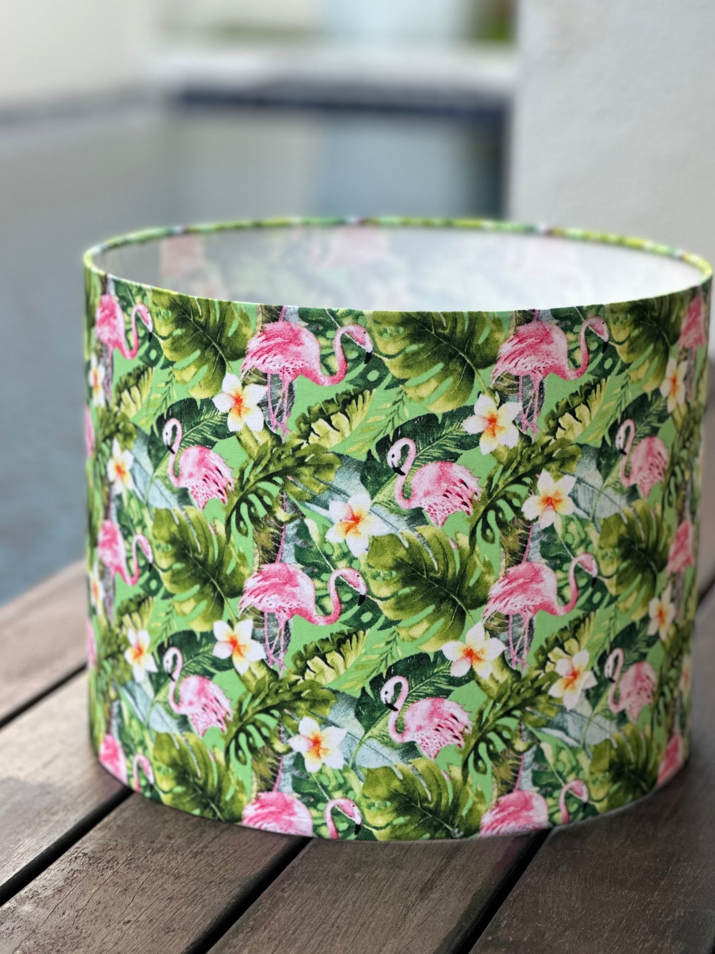 Handmade fabric lampshades Singapore in tropical flamingo and leaf pattern design