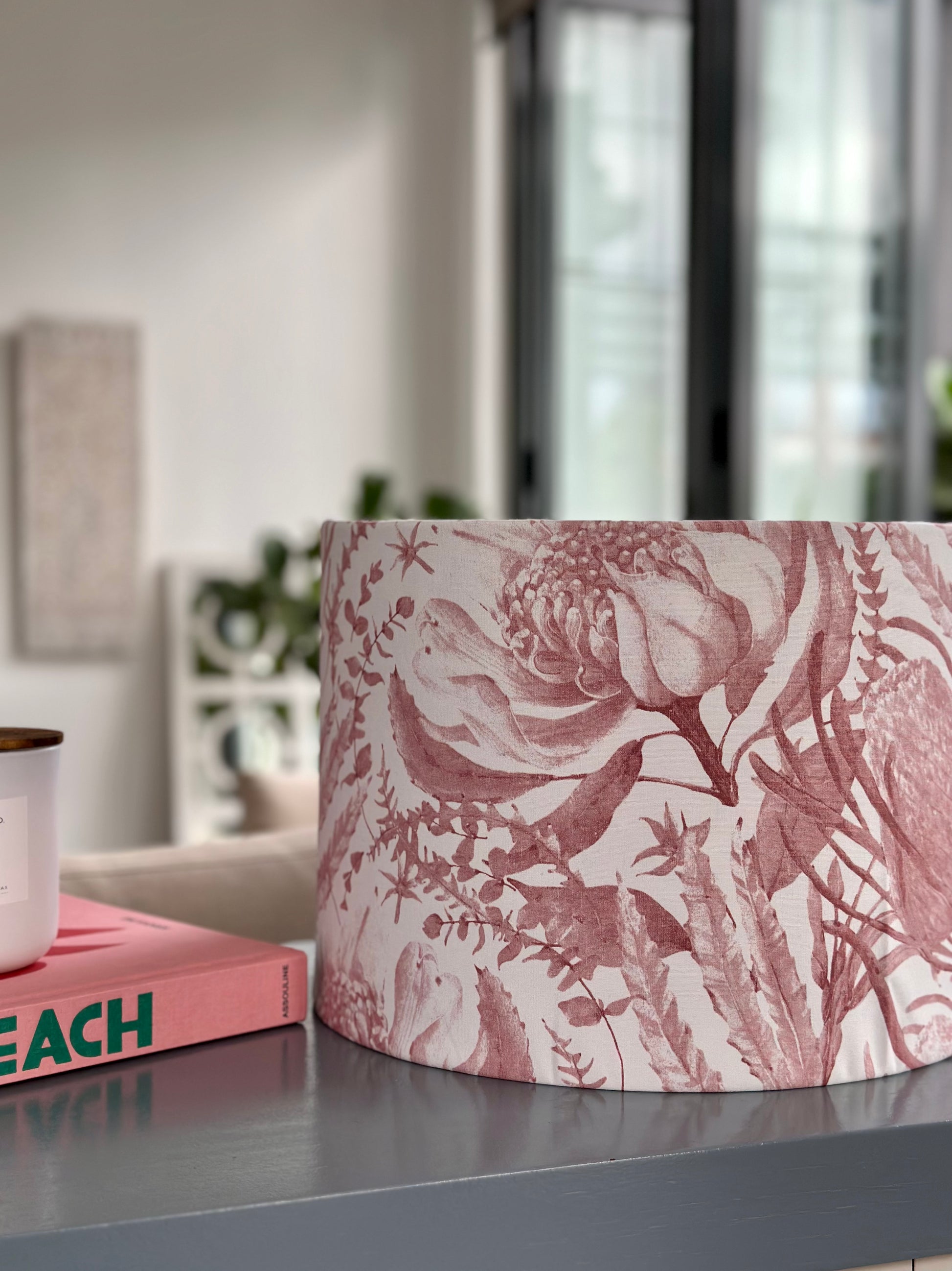 Handmade fabric lampshade Singapore with pink floral pattern