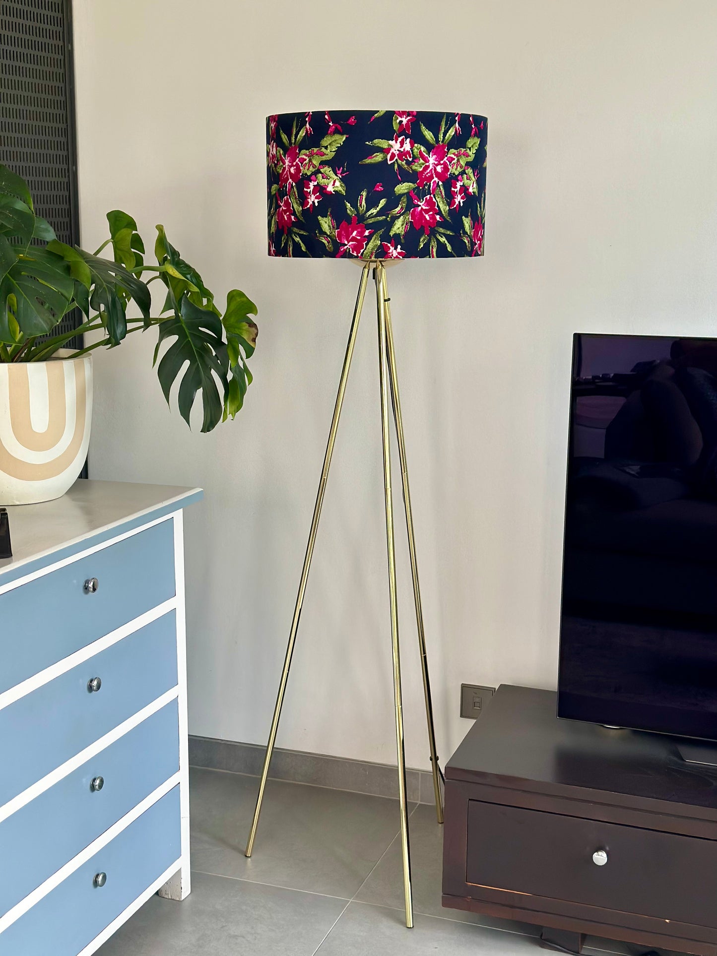 Gold tripod standing floor lamp with a choice of a customised shade