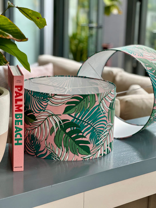 Green pink and white troipcal fern leaf lampshade 