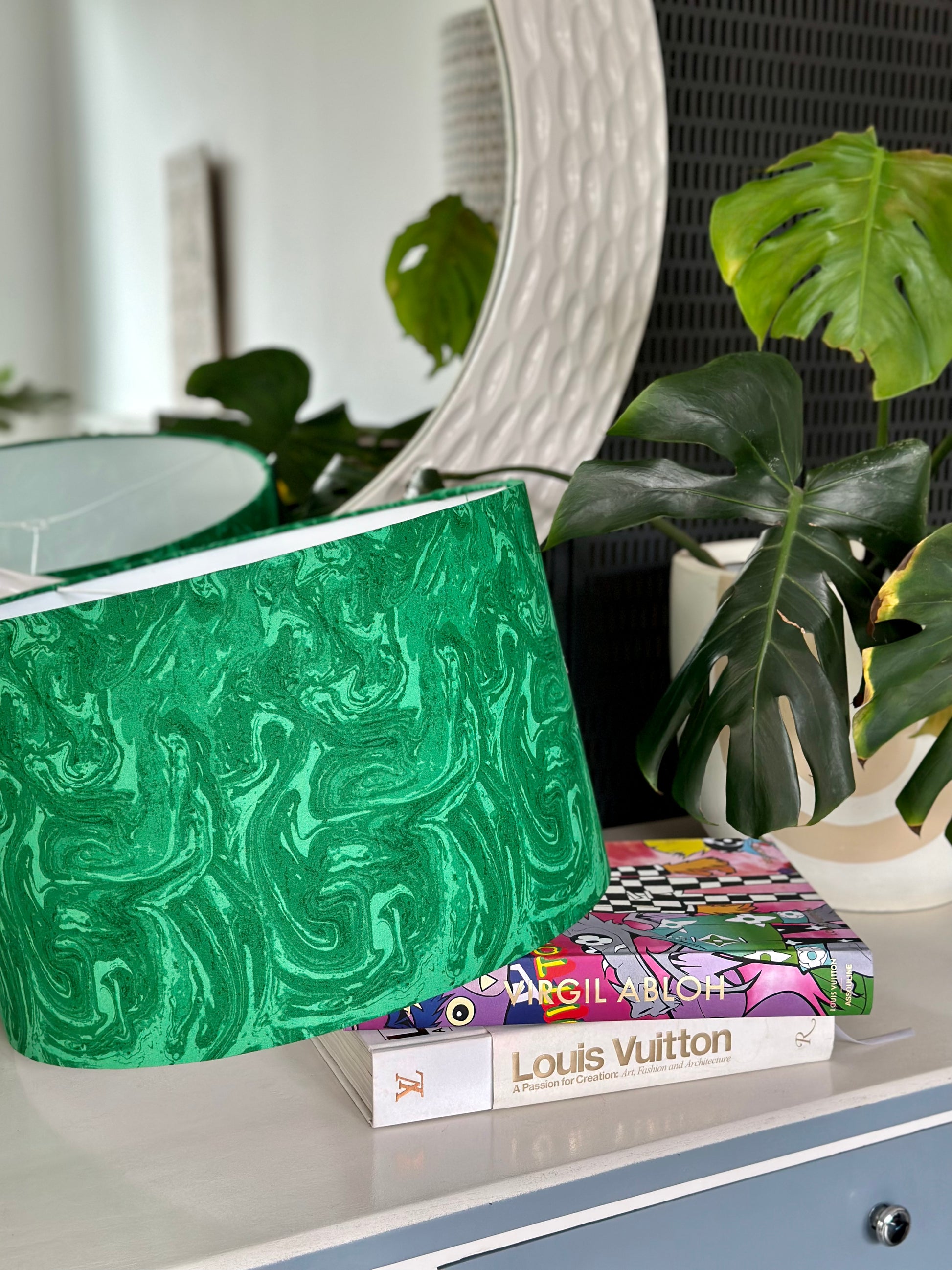 Handmade fabric lampshade Singapore with green swirl pattern