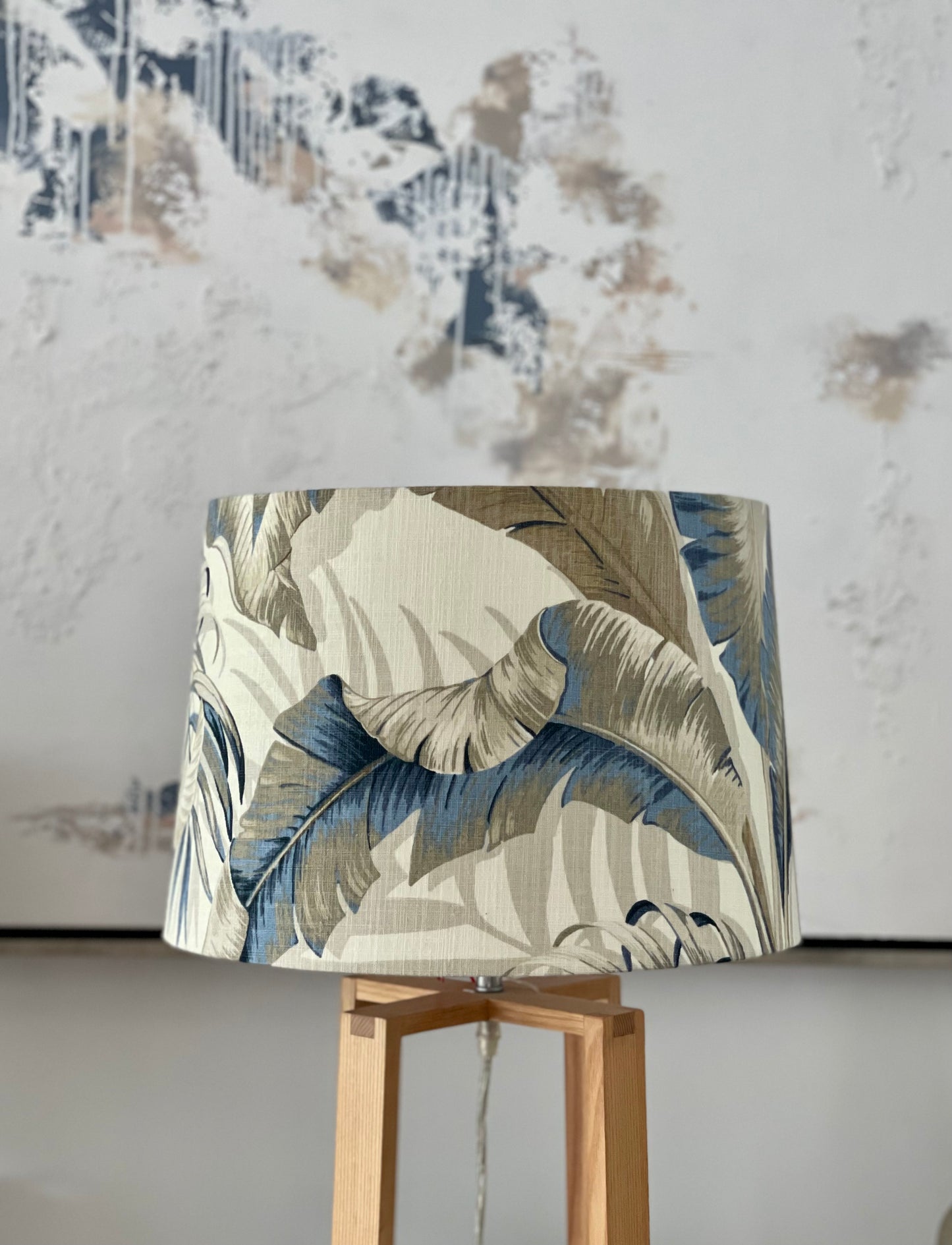 Custom handmade beige and blue tropical palm drum lampshade