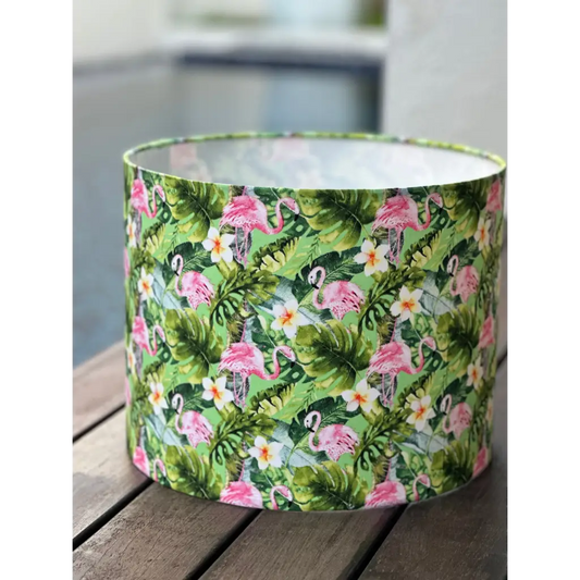 Handmade fabric lampshades Singapore in tropical flamingo and leaf pattern design