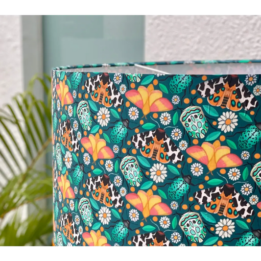 Handmade fabric lampshades Singapore in colourful beetles and butterflies pattern