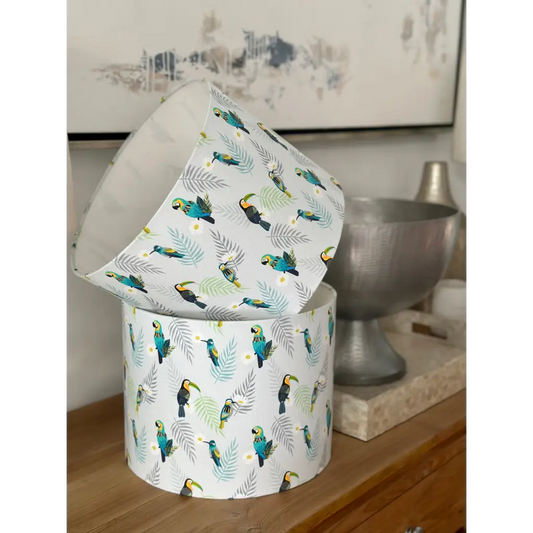 Handmade fabric lampshades Singapore in tropical birds and leaves design