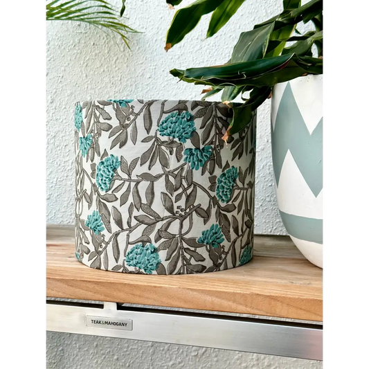 Handmade fabric lampshades Singapore in gray and aqua floral design