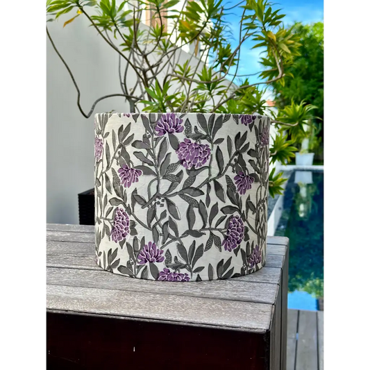 Handmade fabric lampshades Singapore in gray and lilac floral design