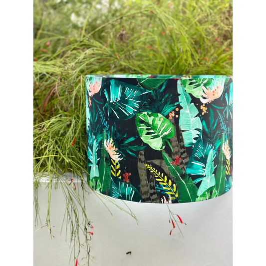 Handmade fabric lampshades Singapore in vivid green tropical watercolour style pattern