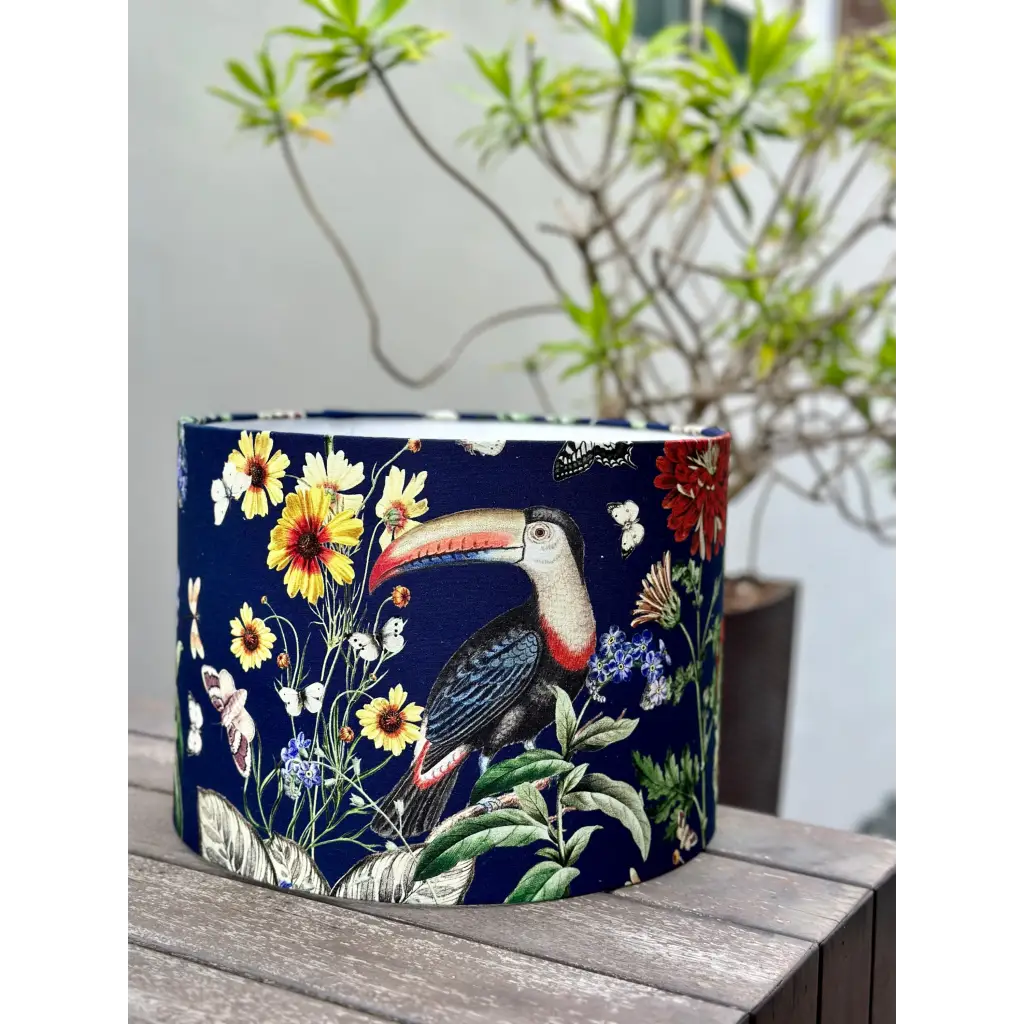 Handmade lampshades Singapore in navy toucan pattern