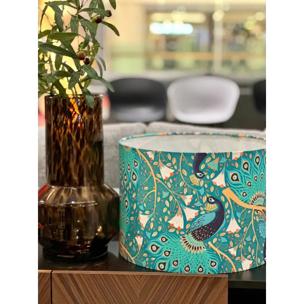 Handmade lampshades Singapore with teal peacock pattern