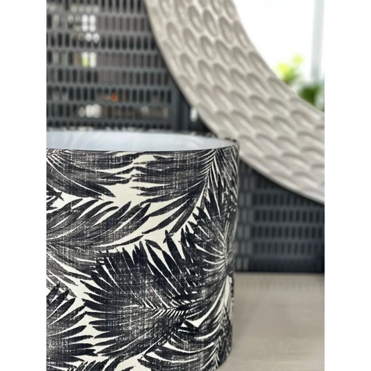 Handmade fabric lampshade Singapore in black and white leaf pattern