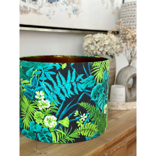 Handmade fabric lampshade Singapore in blue and green fern pattern