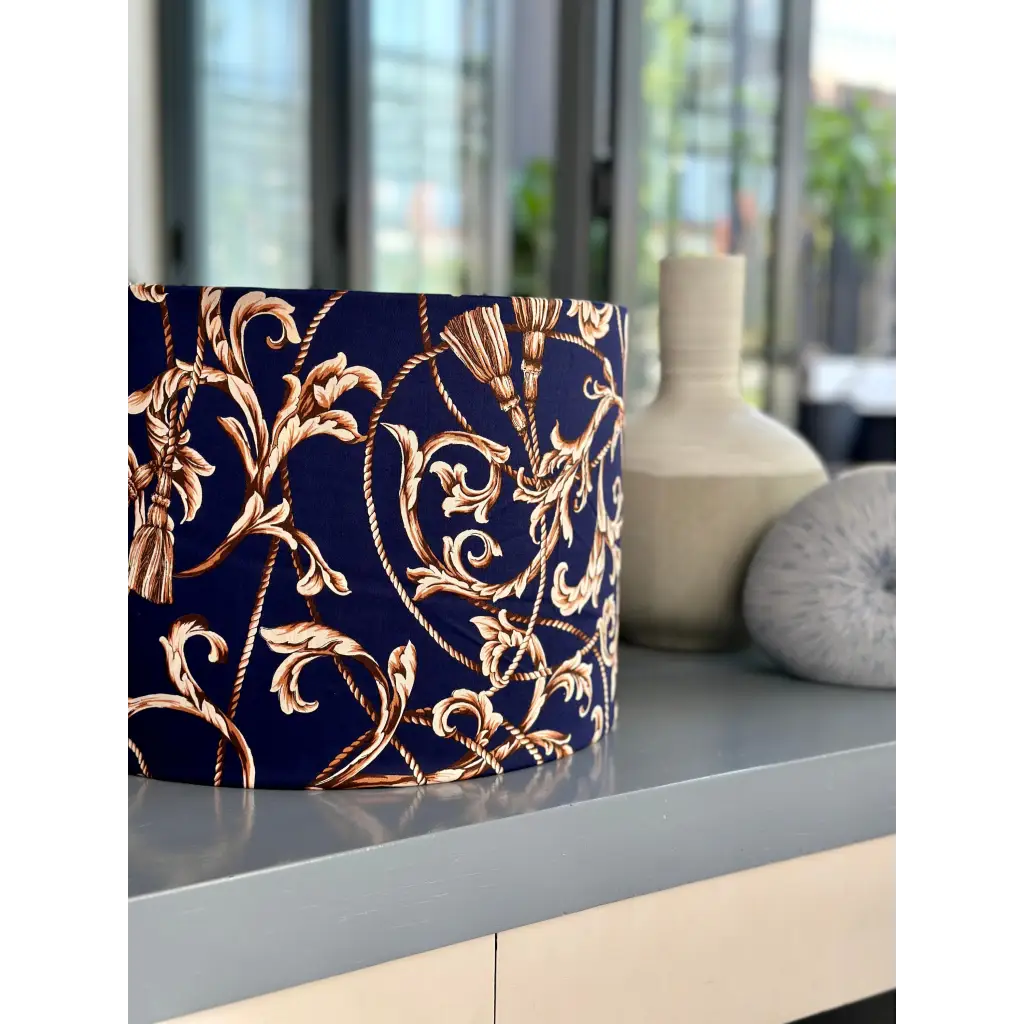 Handmade fabric lampshade Singapore in navy and gold design