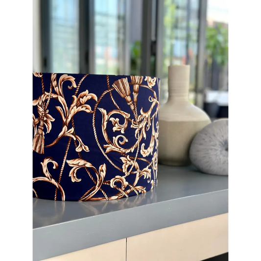 Handmade fabric lampshade Singapore in navy and gold design