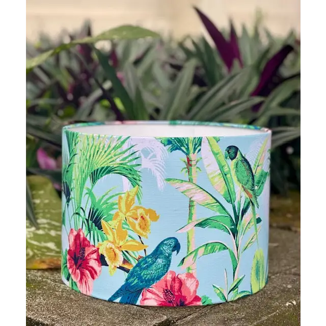 Handmade fabric lampshade Singapore with tropical bird pattern