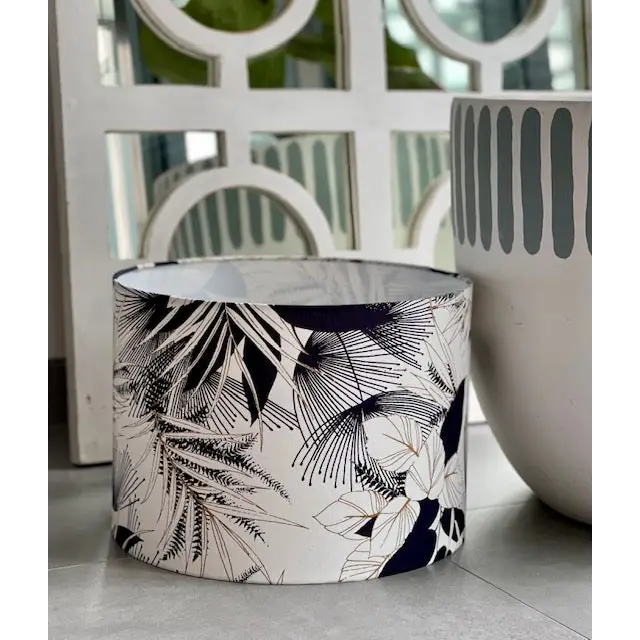 Handmade fabric lampshade Singapore in black and white leaf design