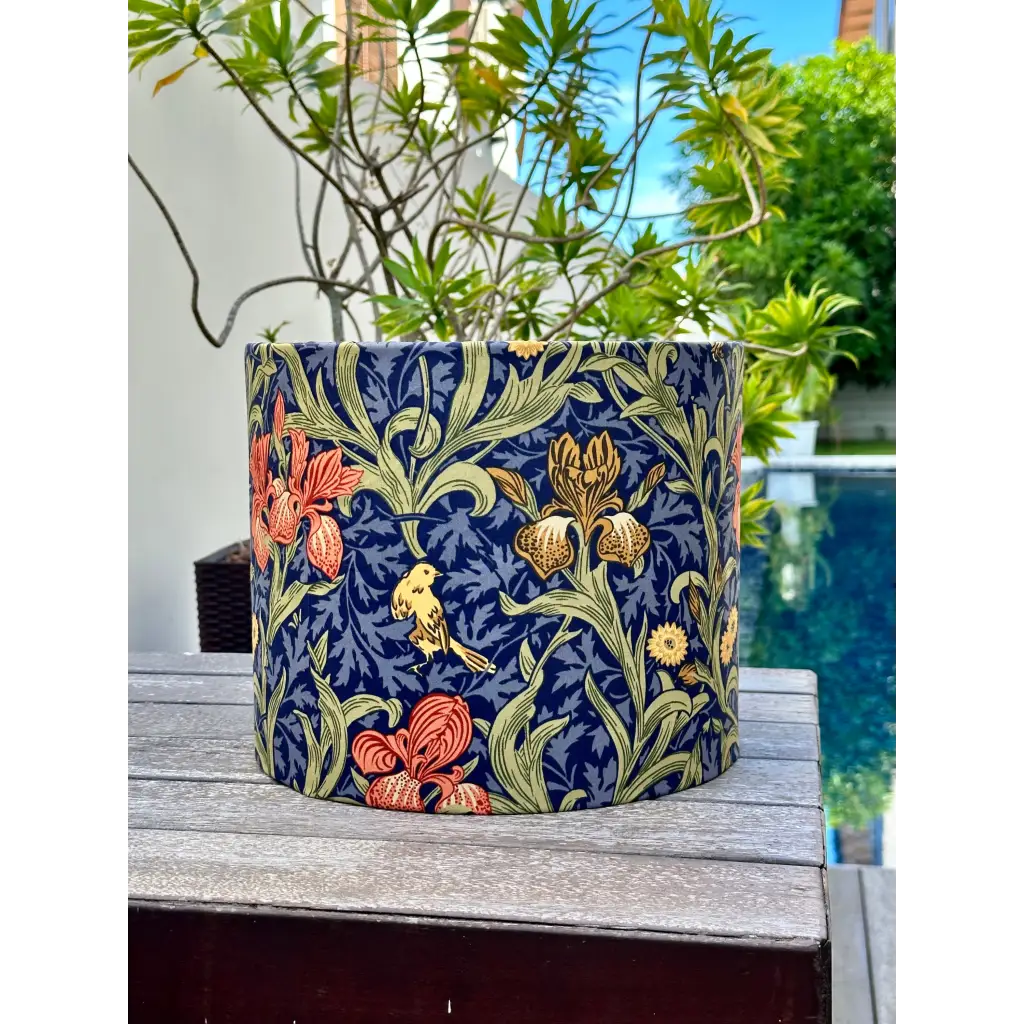 Handmade fabric lampshade Singapore with blue floral pattern and bird.