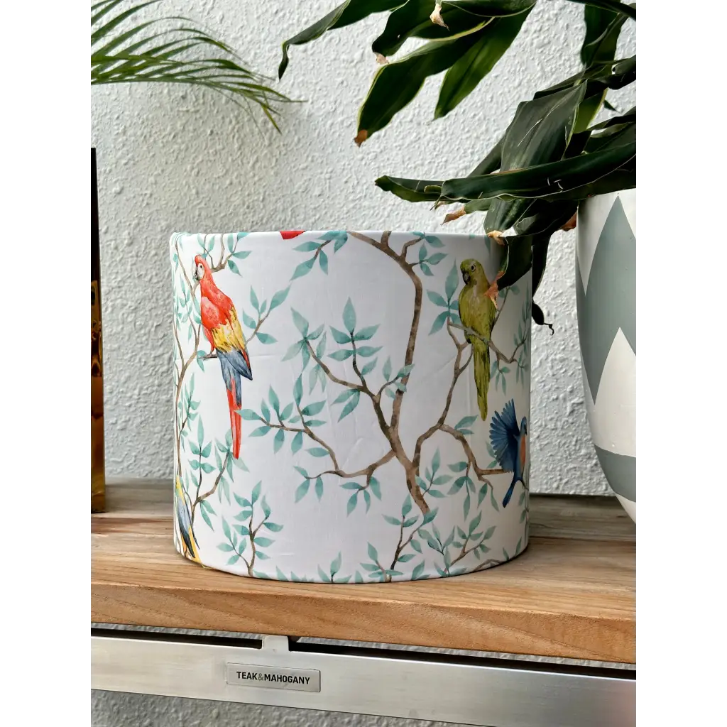 Handmade fabric lampshade Singapore with bird design.