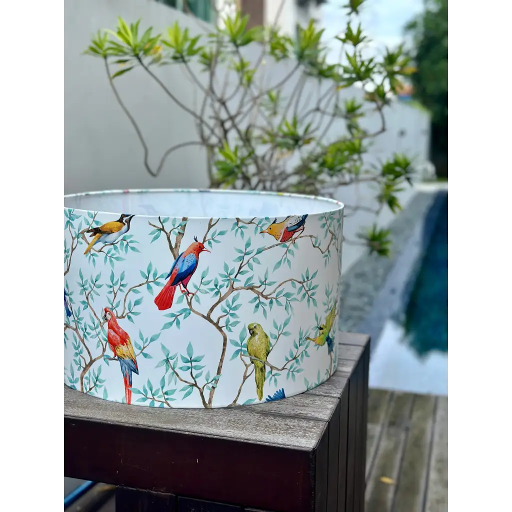 Handmade fabric lampshade Singapore with bird design.