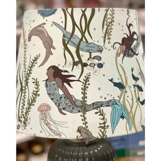Handmade fabric lampshade Singapore with mermaids and otters design.