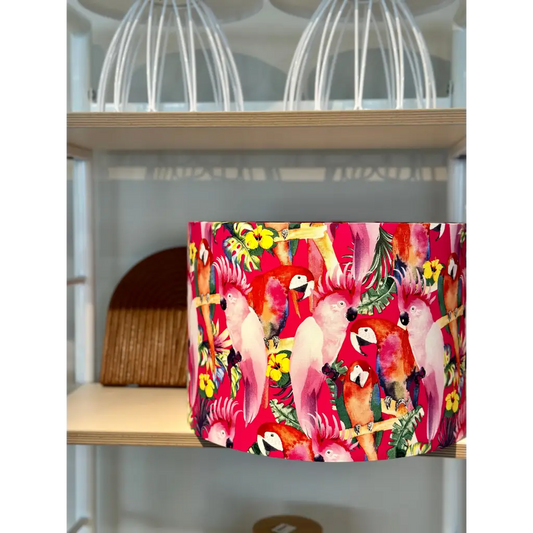 Handmade fabric lampshade Singapore with floral and bird design.