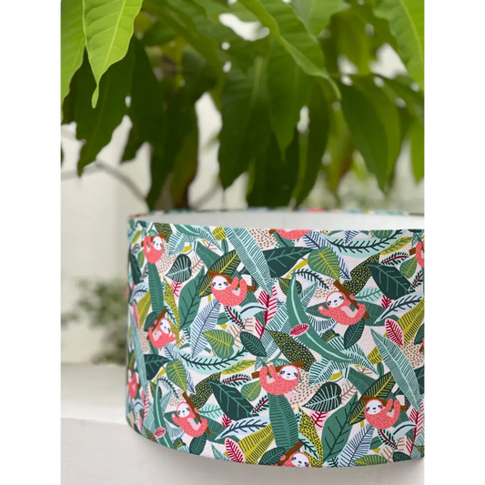 Handmade fabric lampshade Singapore with sloth and plant pattern