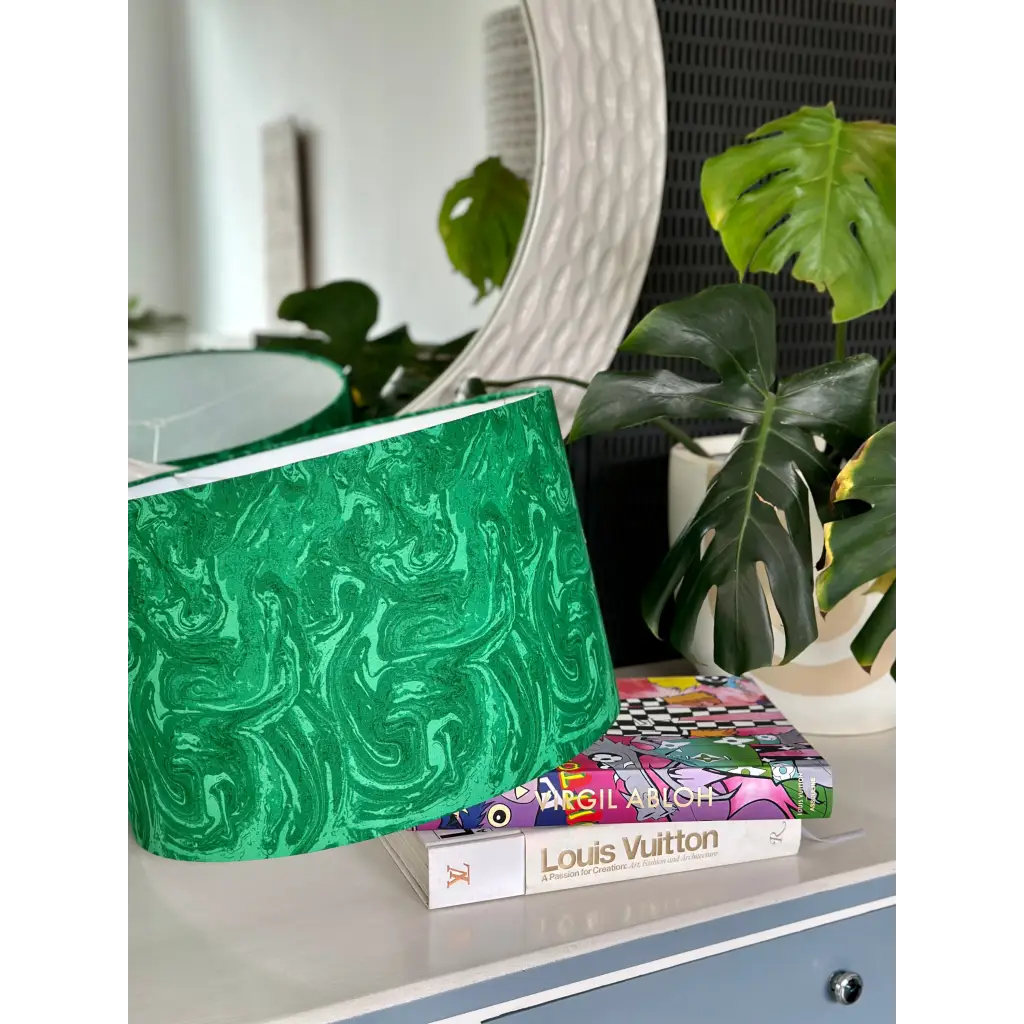 Handmade fabric lampshade Singapore with green swirl pattern