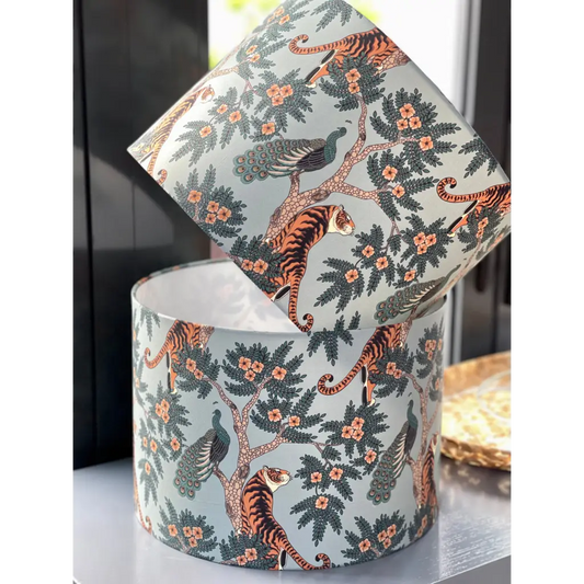 Handmade fabric lampshade Singapore with tiger and peacock pattern