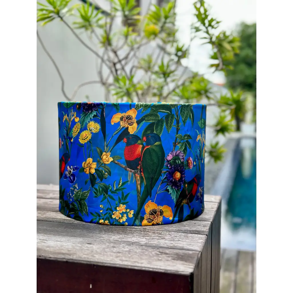 Custom handmade satin tropical blue bird drum lampshade
