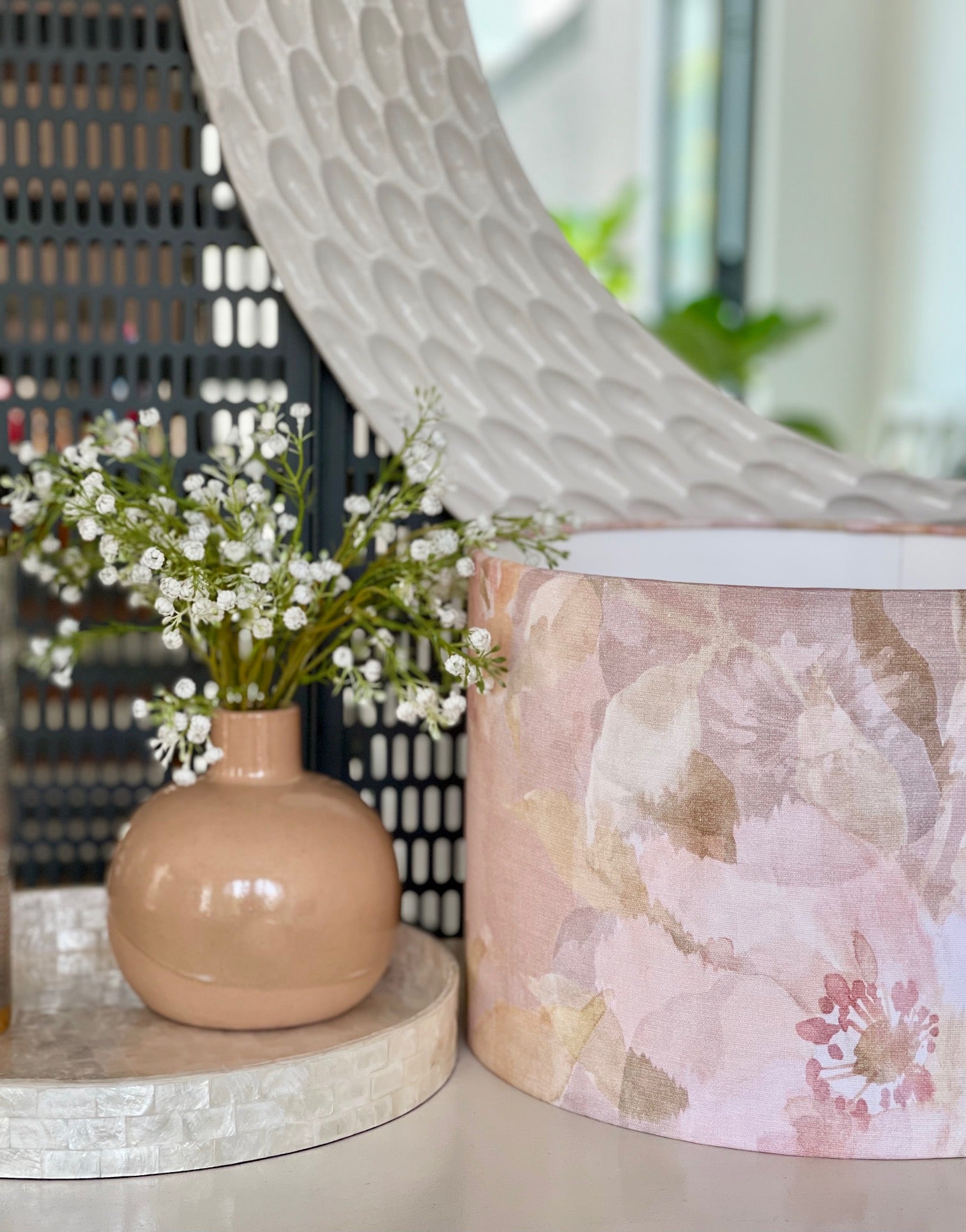 Handmade fabric lampshades Singapore in blush pink floral pattern