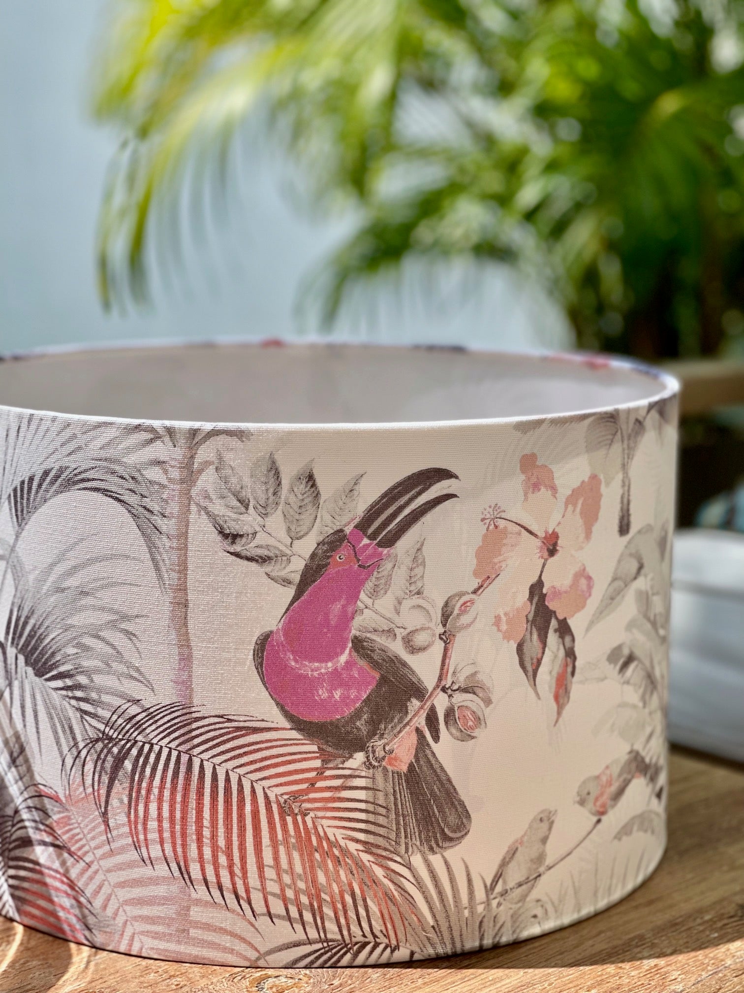 Handmade lampshades Singapore with pink bird and tropical plants