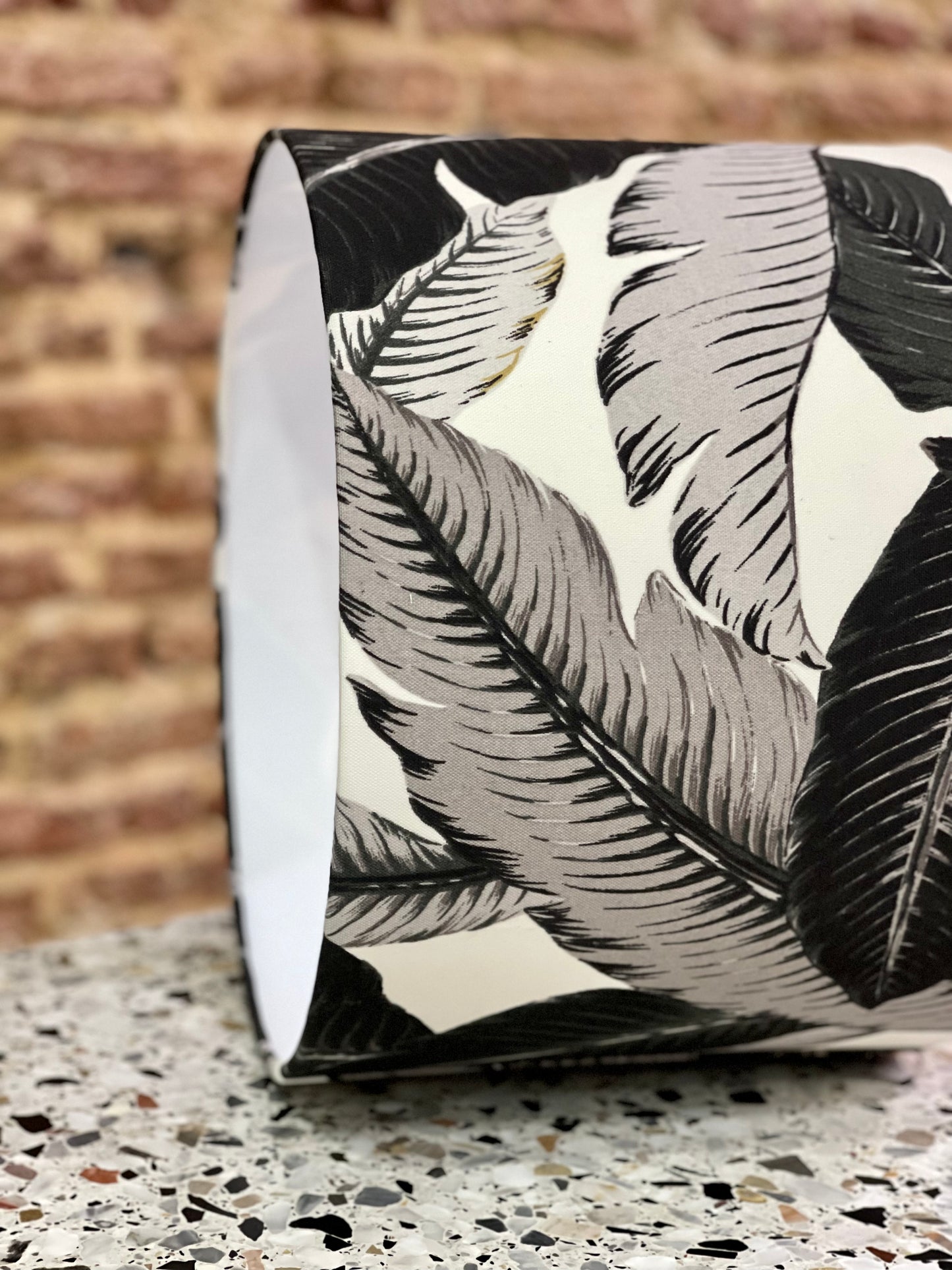 Handmade fabric lampshades Singapore in Tommy Bahama black and white leaf pattern